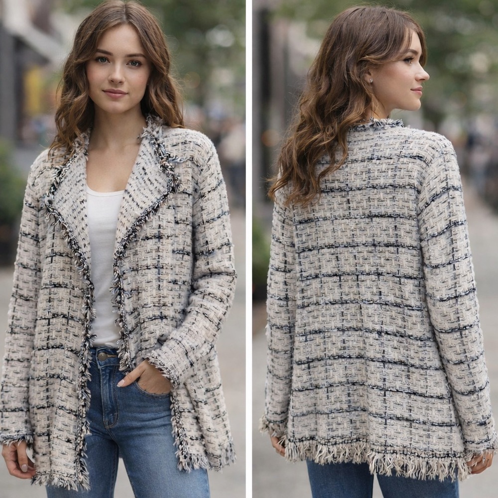 DAVI & DANI Black and Cream Tweed Knit Cardigan
